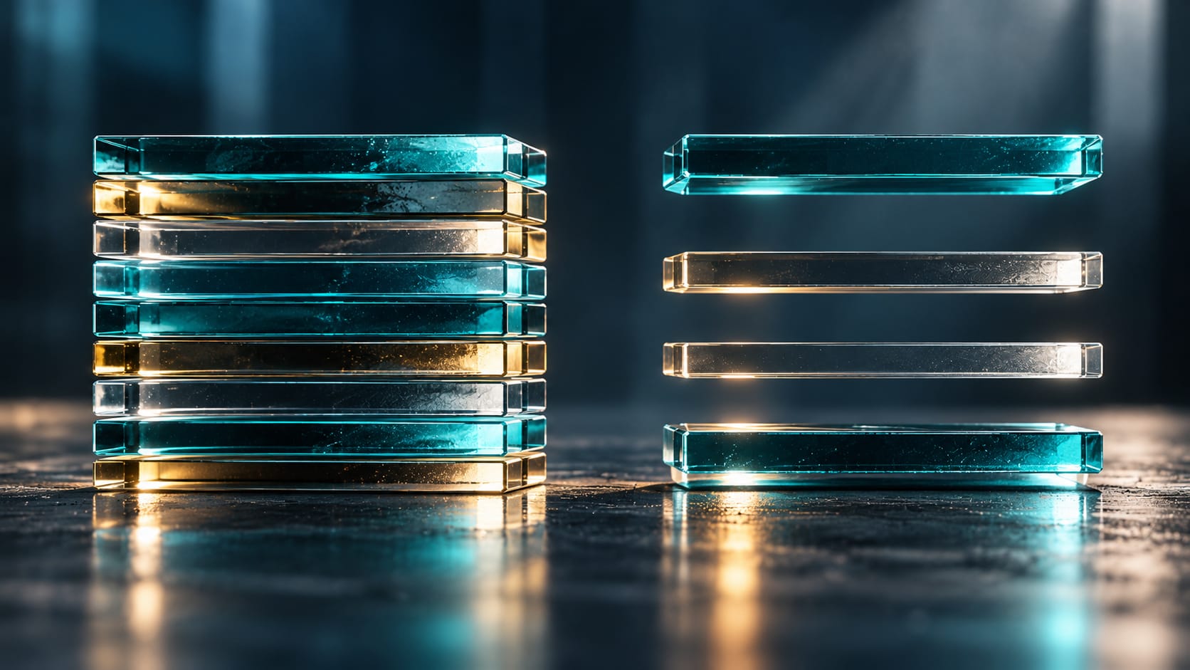 Two side-by-side groups of stacked horizontal bars, one densely packed and one widely spaced